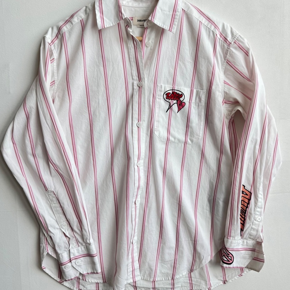 Zadig & Voltaire Tais Pop Raye Brod Shirt Mens Pink White Striped Graphic Medium - Picture 3 of 10